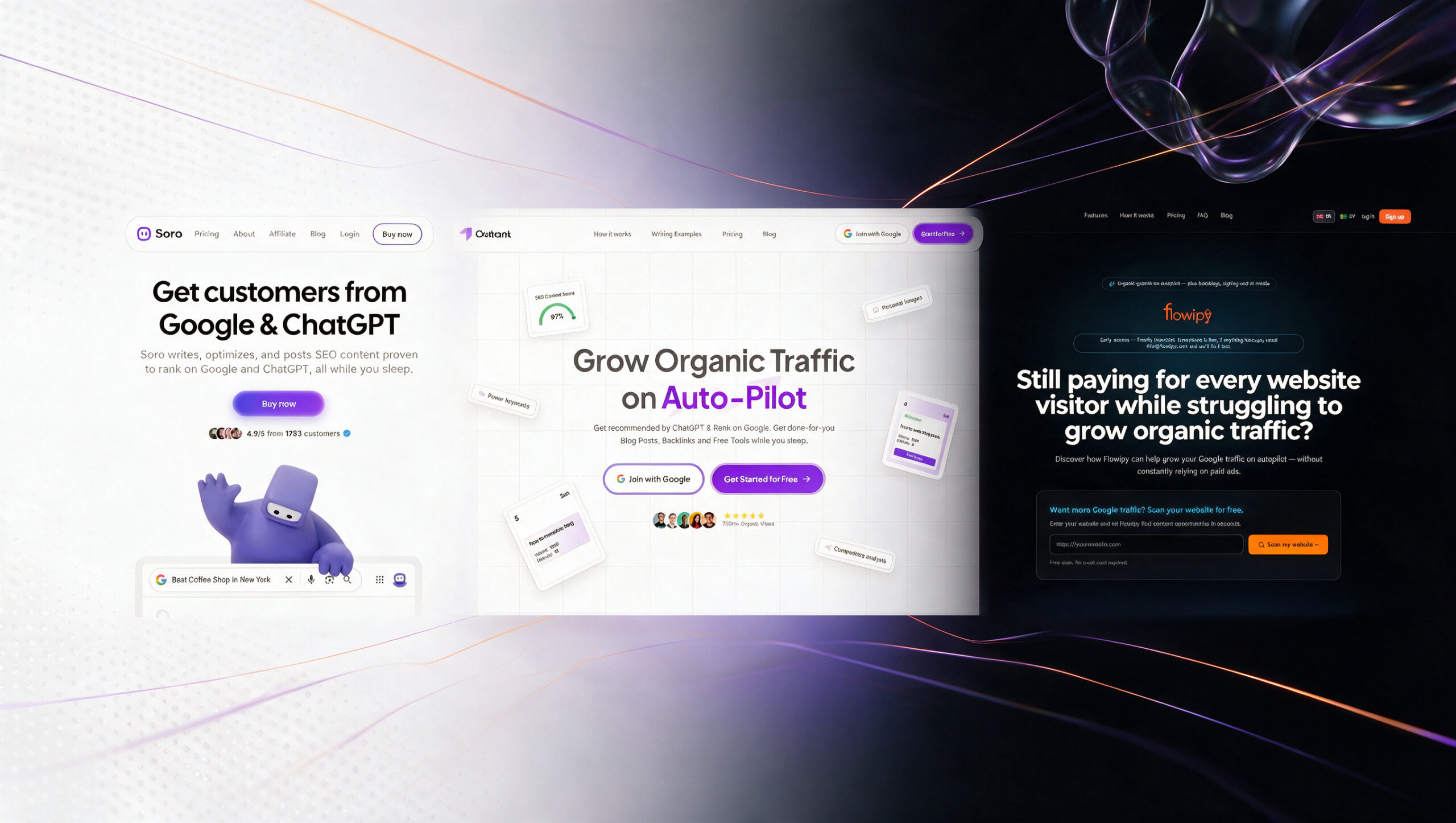Flowipy vs Soro vs Outrank SEO automation software comparison